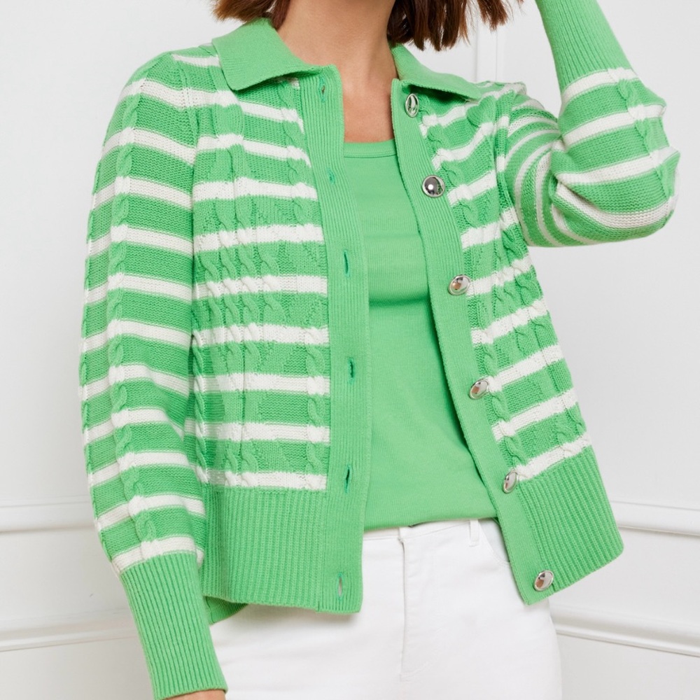 NWT Talbots Green & White Striped Cable Knit Cardigan Cabincore Preppy Luxury